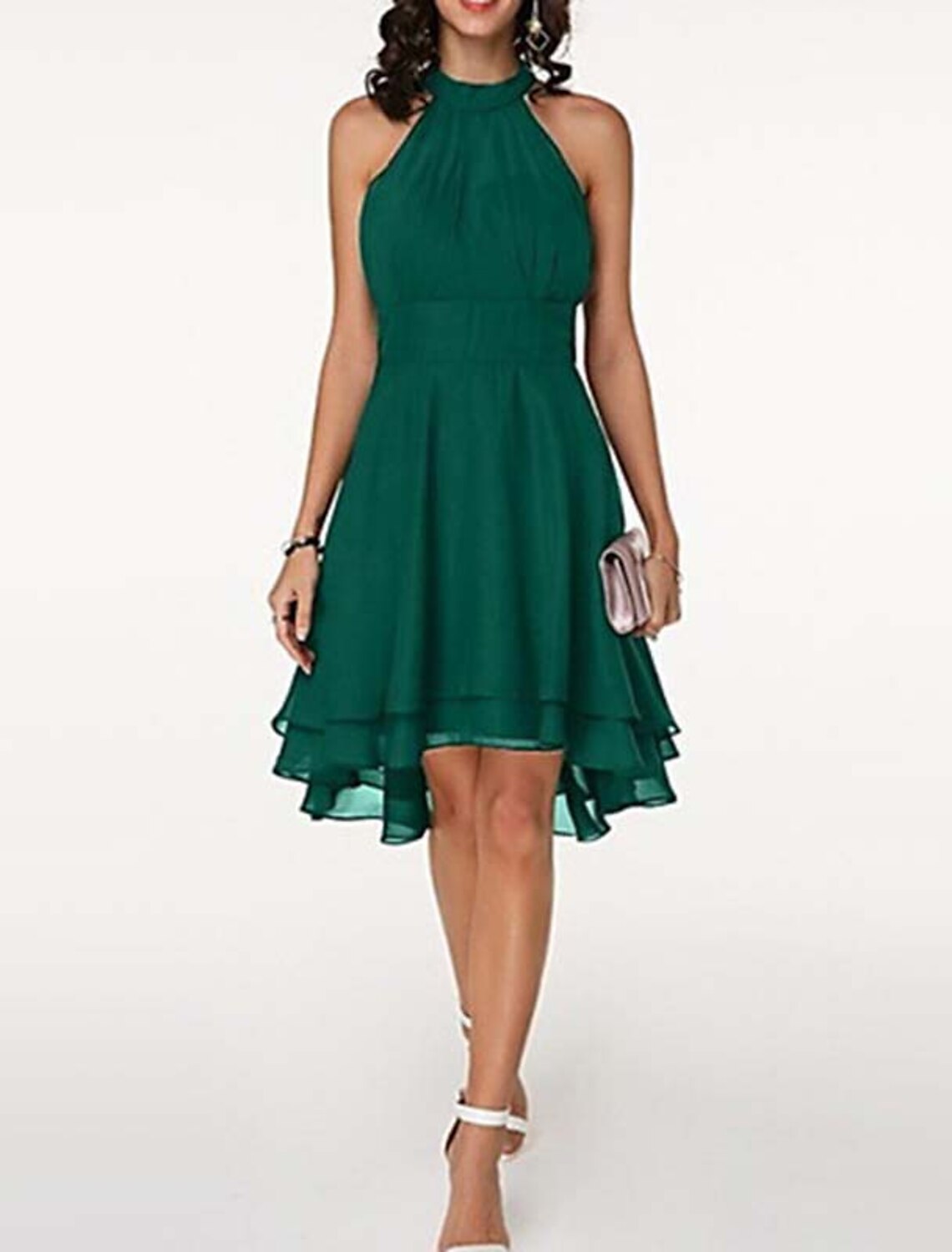 Wholesale A-Line Party Dresses Casual Dress Wedding Guest Summer Knee Length Sleeveless Halter Neck Chiffon V Back with Ruffles